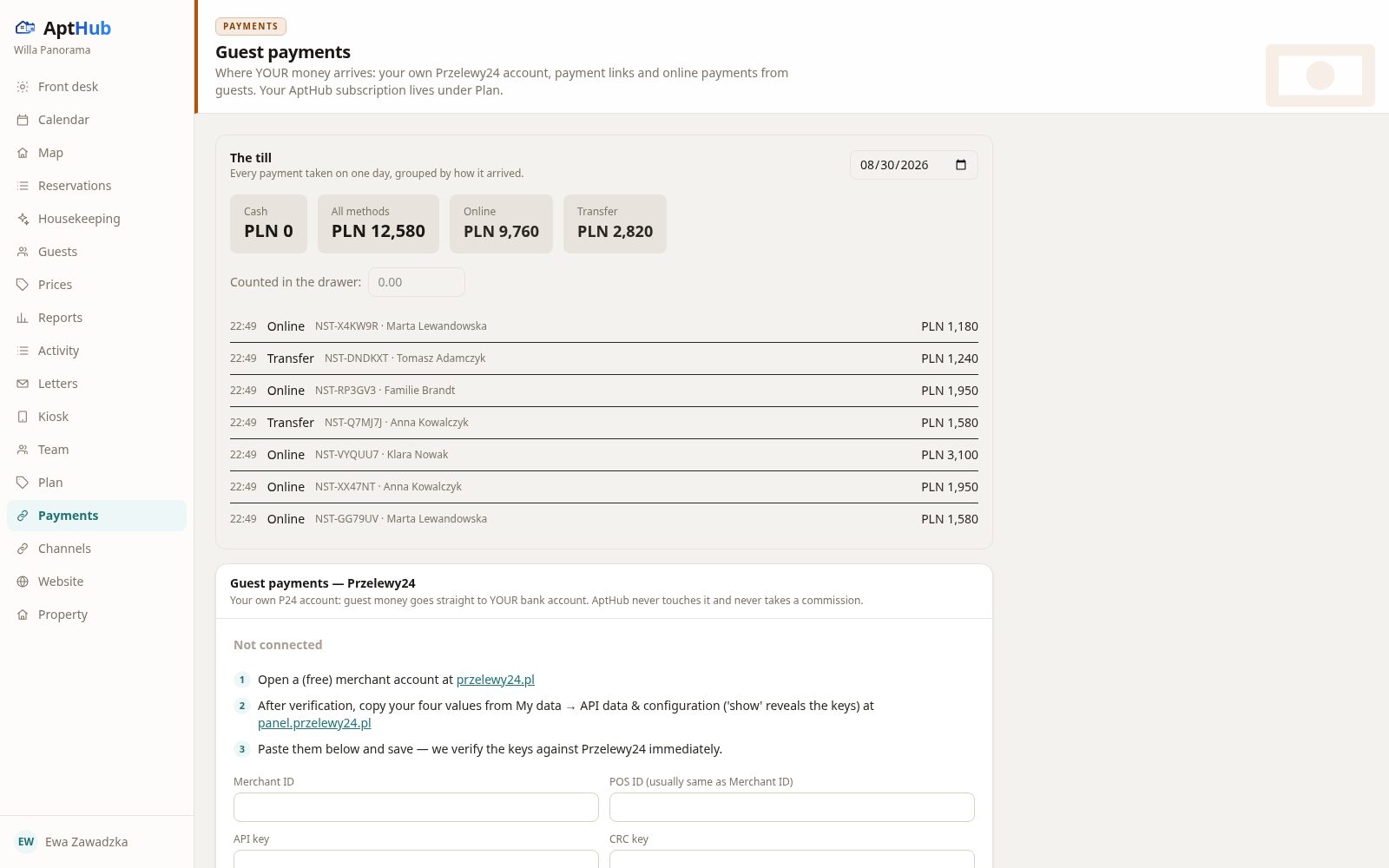 The day's till in AptHub: payments grouped by method, cash counted apart