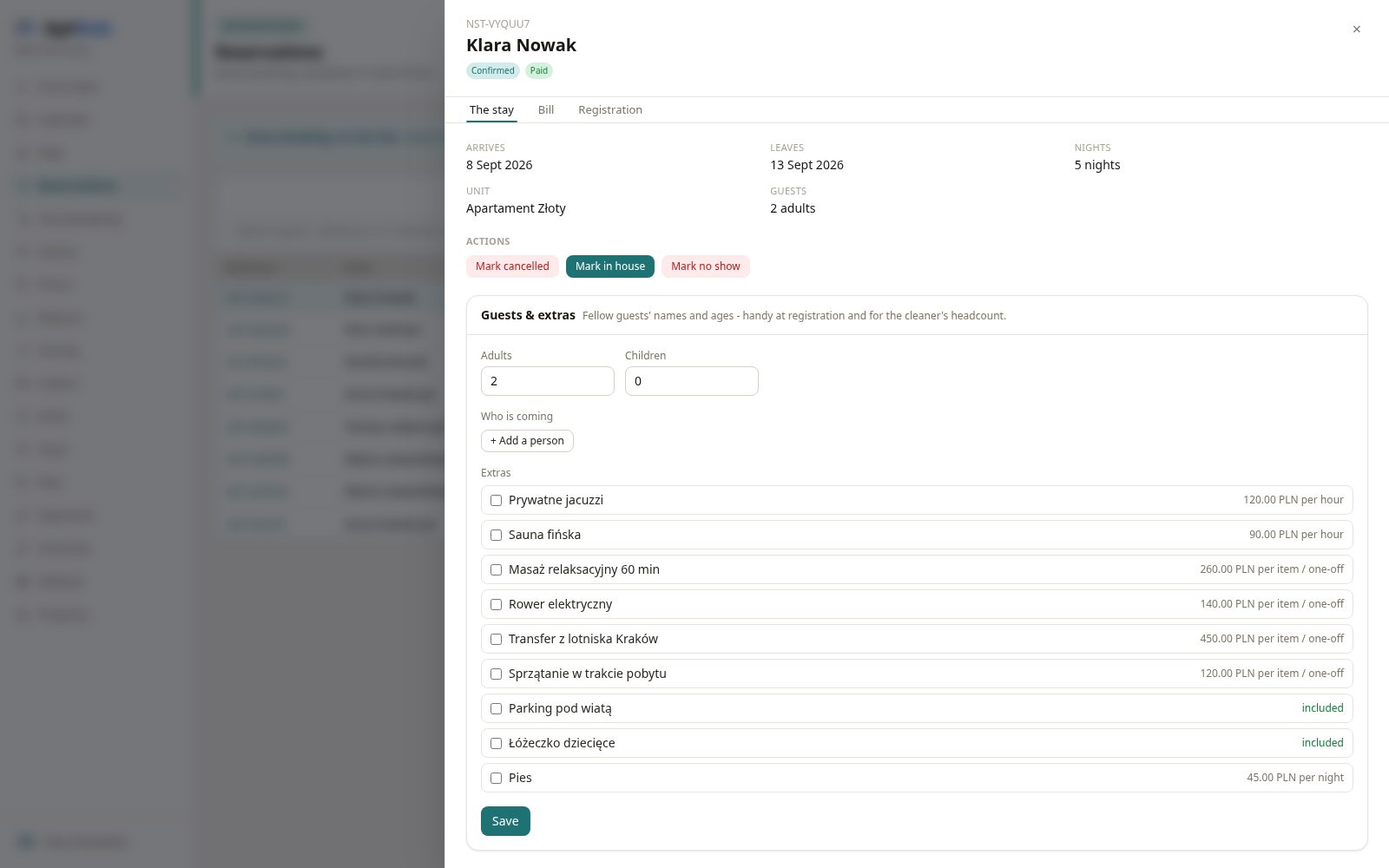 An AptHub reservation: stay, money, deposit and extras at a glance